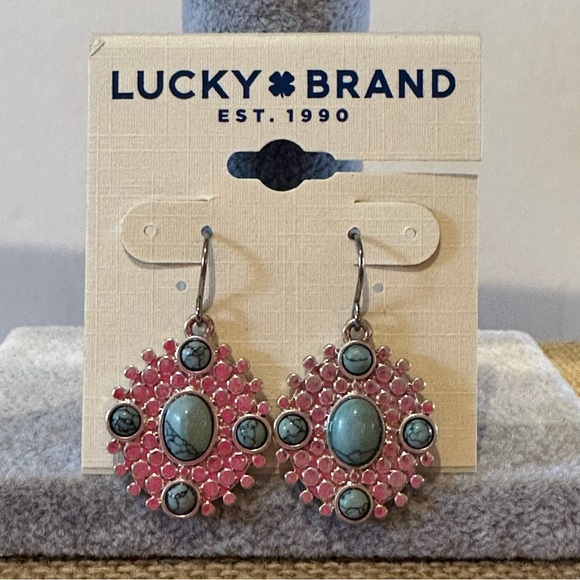 NWT Lucky Brand earrings silver tone dangle textured w/ faux turquoise cabochons - Picture 2 of 8